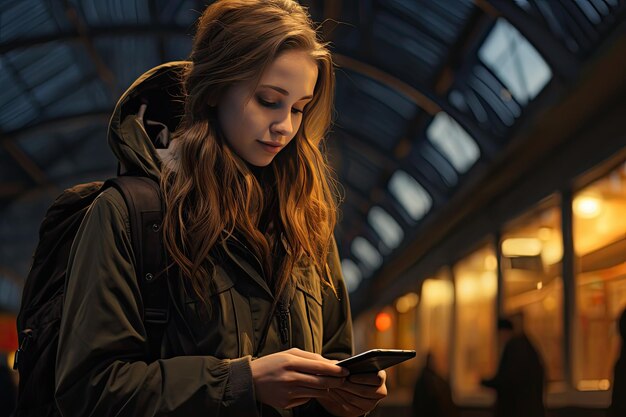 Woman using mobile at busy train station