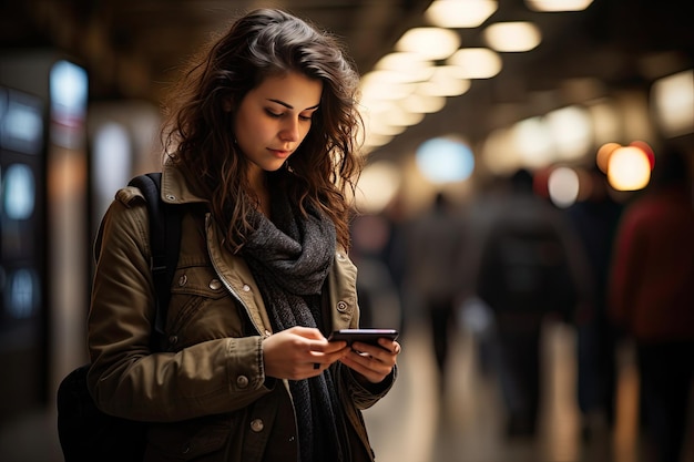 Woman using mobile at busy train station