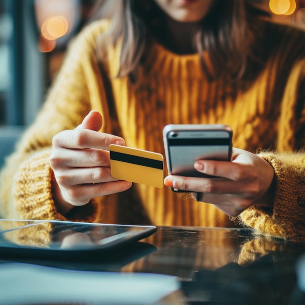 Photo a woman using mobile with the card