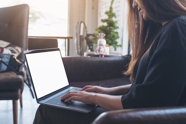 Woman using mockup computer laptop 