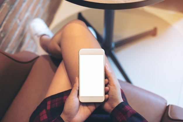 Woman using mockup smart phone 