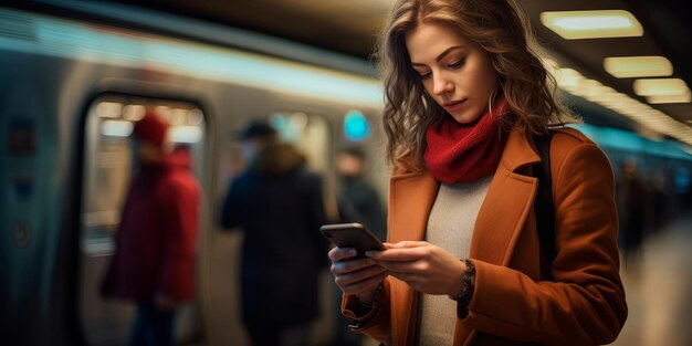 женщина использует навигационное приложение на своем смартфоне, чтобы найти маршрут во время поездки в метро