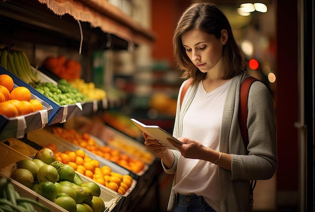 Foto donna che usa carta e cartellino per comprare frutta e verdura