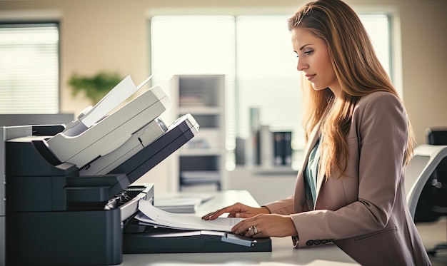 Foto una donna che usa una stampante in un ufficio