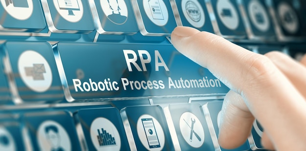 버튼을 눌러 RPA 로봇 프로세스 자동화 시스템을 사용하는 여성. 손 사진과 3D 배경 사이의 합성 이미지.