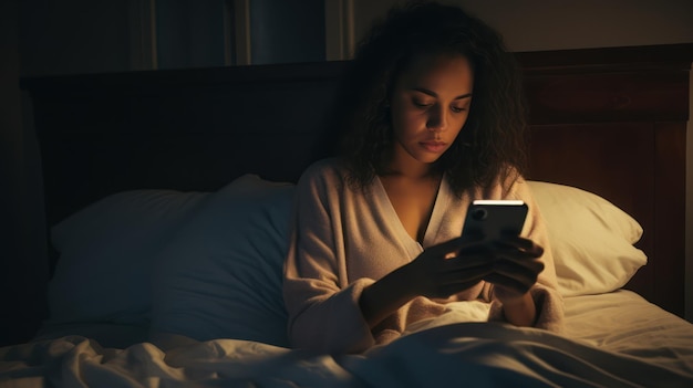 Photo woman using smartphone in the dark room