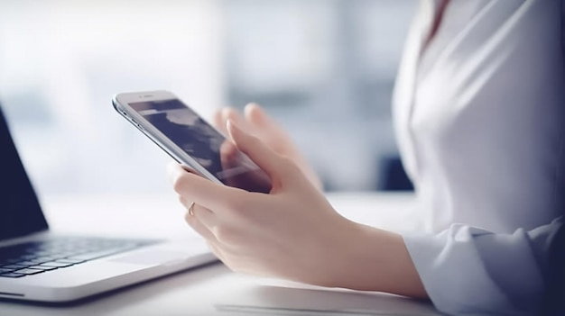 A woman using a smartphone with a laptop on the table