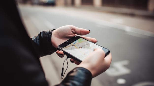 A woman using a smartphone with a map on the screen