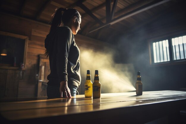 Photo woman using spray cleaner on wooden surface