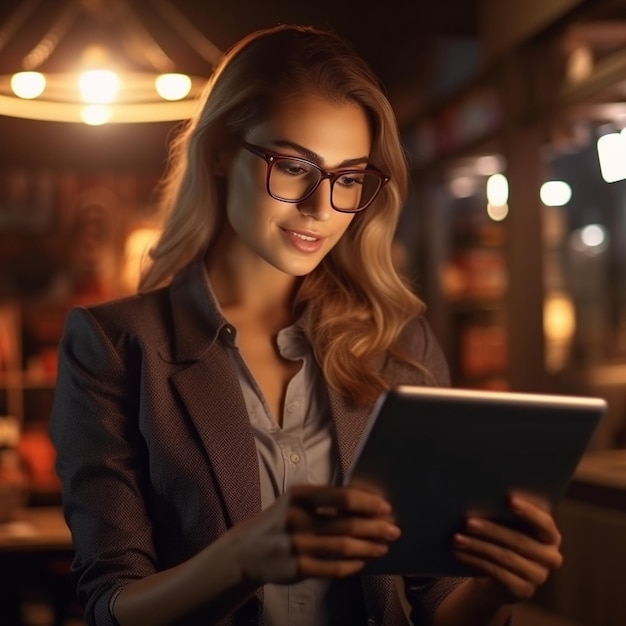 Woman using a tablet in a bar with a light on the background.