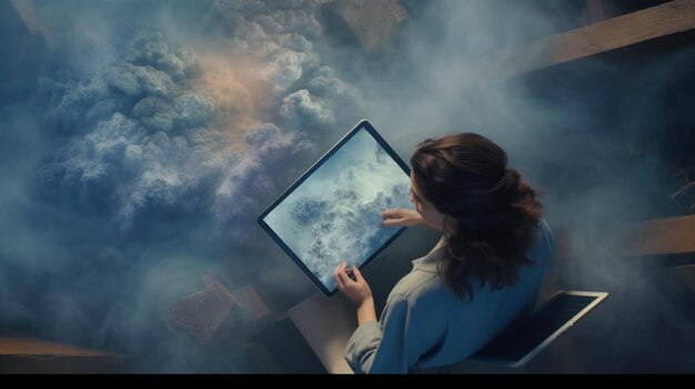 Photo woman using a tablet computer from abovegenerative ai