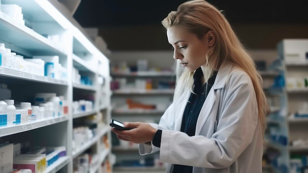 Woman using a tablet in a pharmacy