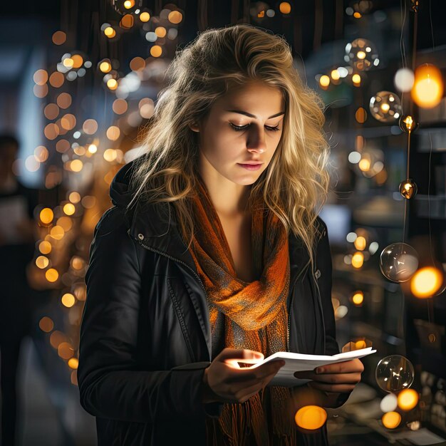 Woman using a tablet in a vibrant and festive store setting