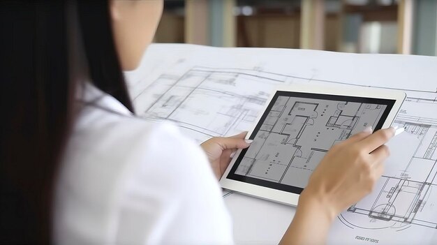 A woman using a tablet with a drawing of a house on it