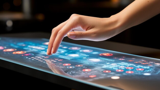 Woman using a transparent touchscreen interface with her finger