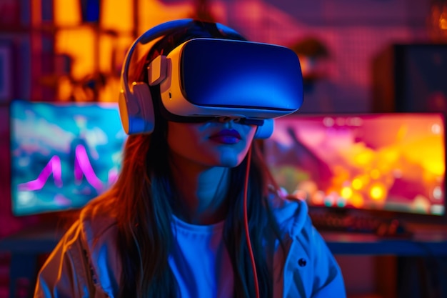 Woman Using Virtual Reality Headset at Computer