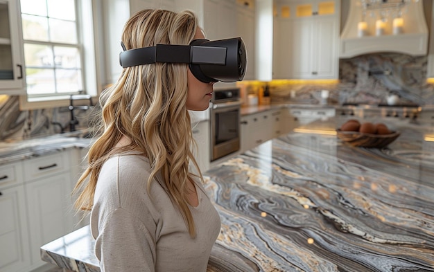 Foto donna che usa un auricolare di realtà virtuale in cucina ai generativa