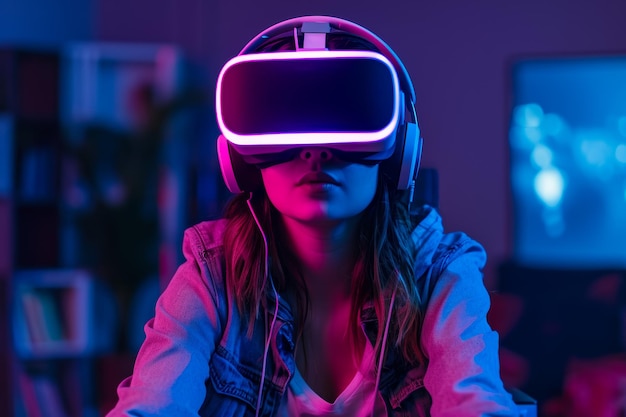 Woman Using Virtual Reality Headset in Living Room