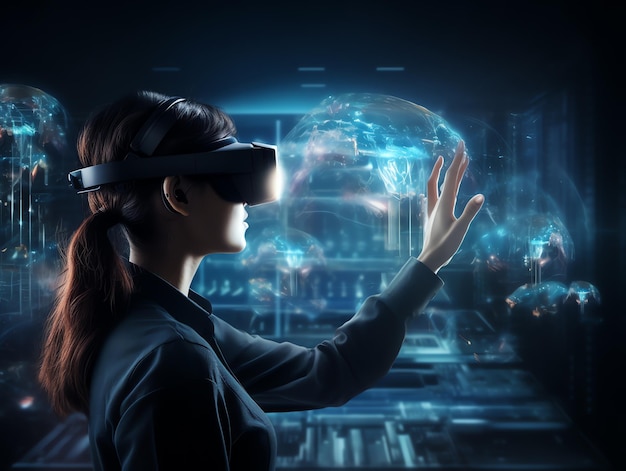 Photo woman using virtual reality headset looking around at interactive hologram technology in office with multicolor projector light illumination