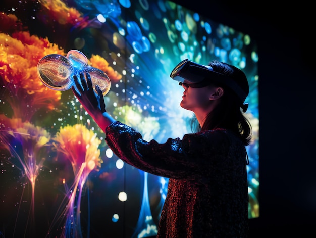 Foto donna che utilizza l'auricolare per la realtà virtuale che si guarda intorno alla mostra tecnologica interattiva con l'illuminazione della luce del proiettore multicolore