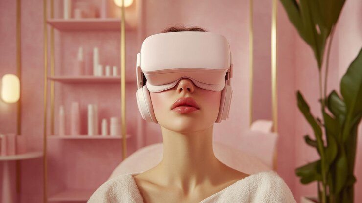 Photo woman using virtual reality headset in a stylish pink room