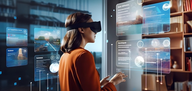 Женщина, использующая гарнитуру VR и смотрящая на виртуальный пользовательский интерфейс AR с несколькими приложениями. Работа с VR Generative ai.