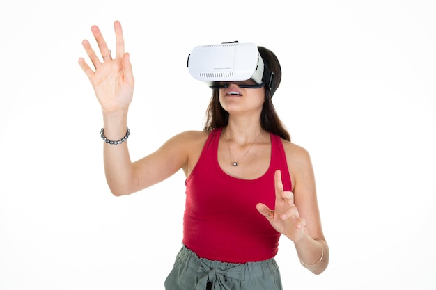 Woman using VR headset virtual reality glasses hands on airs on white background