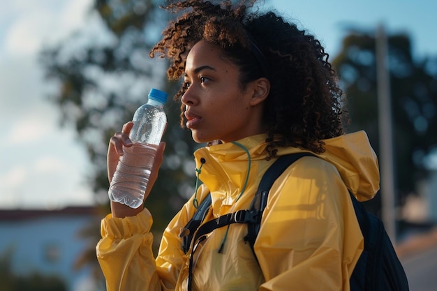 Photo a woman using a wearable hydration reminder to sta generative ai