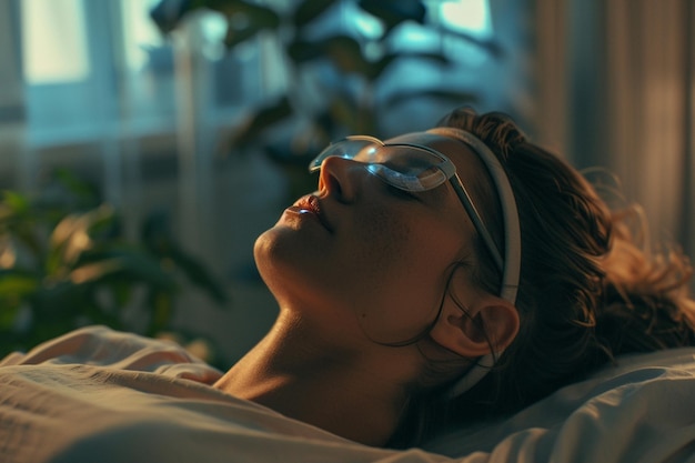 Photo woman using wearable tech for sleep tracking