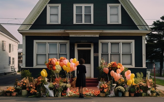 Photo woman on vacation holding flowers in front of a funeral home in the style of