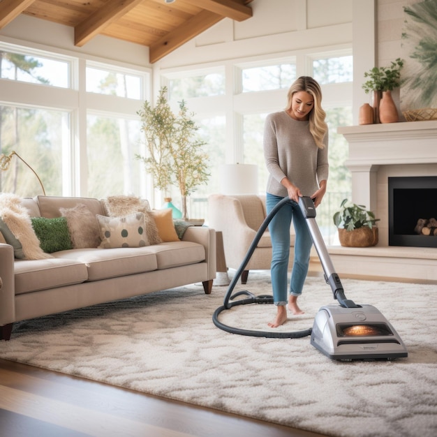 Photo a woman vacuuming a plush carpet in a cozy living room with a fireplace and comfortable seating