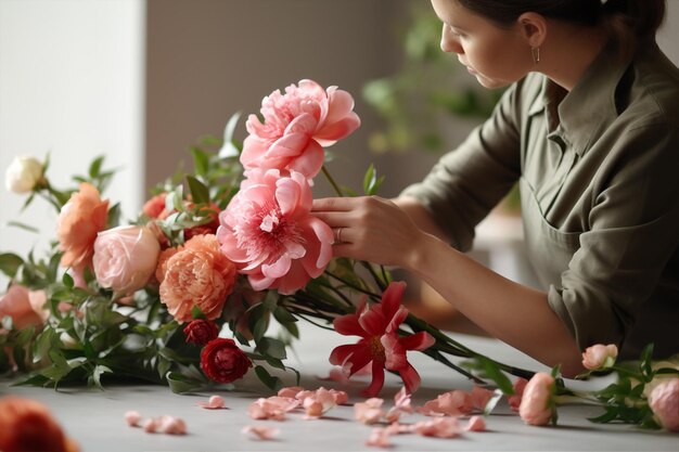 写真 女性バレンタイン植物緑の仕事女性花屋花の職業花束結婚式の美しいアレンジメント新鮮な