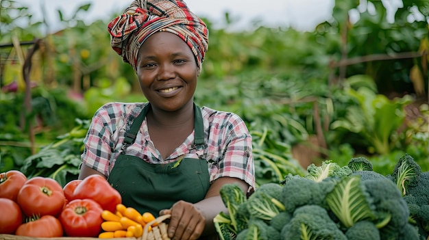 Woman vegetables box and agriculture sustainability or farming for supply chain or agro business African farmer in portrait with harvest and gardening for NGO nonprofit food or groceries basket