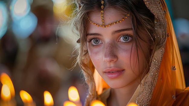 Woman in Veil Holding Lit Candle