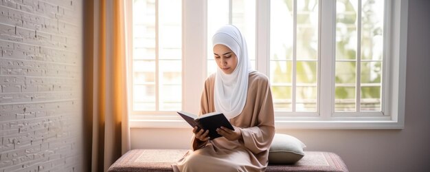 A woman in a veil reads the Quran while sitting near a window