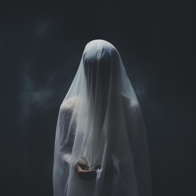 A woman in a veil stands in front of a black background