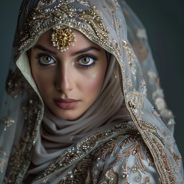 a woman in a veil with gold beads on her head