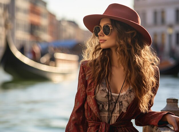 Woman in the Venice standing on the bridge over the grand canal while on sightseeing in a foreign city Discovery the Venice adventure High quality photo