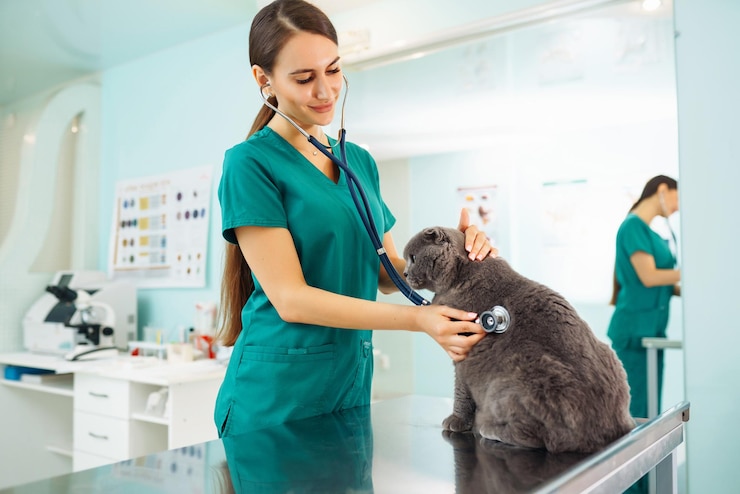 Photo woman veterinarian examining cat on table in veterinary clinic medicine treatment of pets