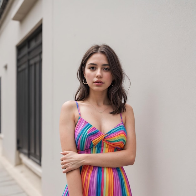 woman vibrant backdrop colorful dress