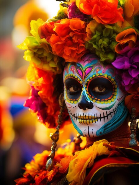 Woman in vibrant calavera makeup celebrates the day of dead