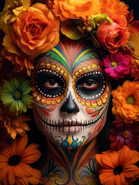 Woman in vibrant calavera makeup celebrates the day of dead