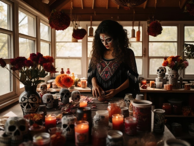 Foto la donna dal vibrante trucco calavera celebra il giorno dei morti