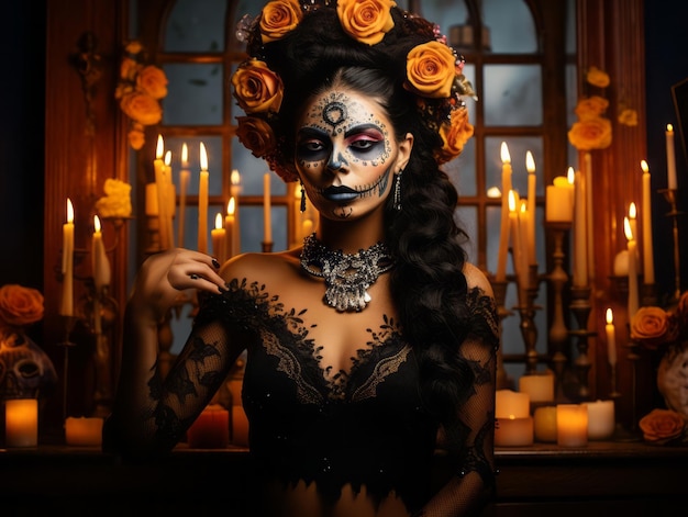 woman in vibrant calavera makeup celebrates the Day of Dead