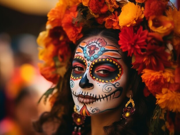 Woman in vibrant calavera makeup celebrates the day of dead