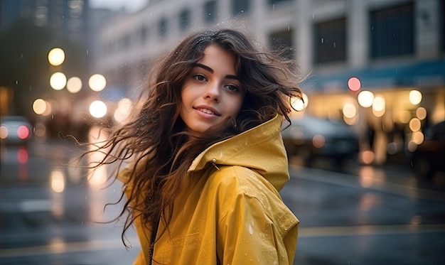Woman in a Vibrant Yellow Raincoat Embracing the Rain