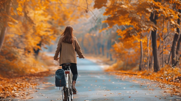 秋季の道路でロードスターの自転車を握っている女性の後ろからの景色