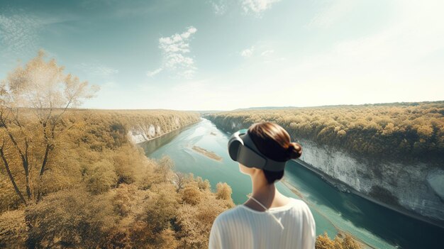 写真 美しい自然のパノラマを眺める女性vrで川仮想旅行コンセプトジェネレーティブai