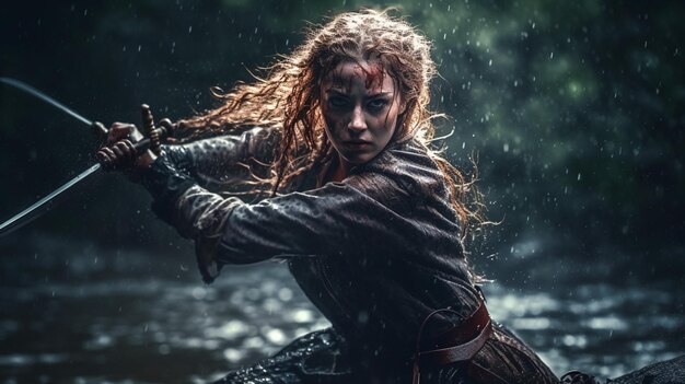 A woman in a viking costume holds a sword in front of a river.