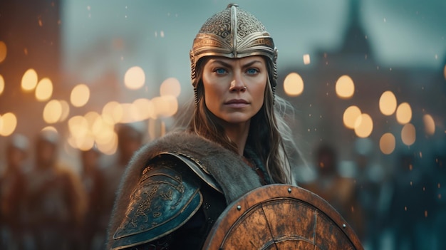 A woman in a viking helmet stands in front of a crowd.